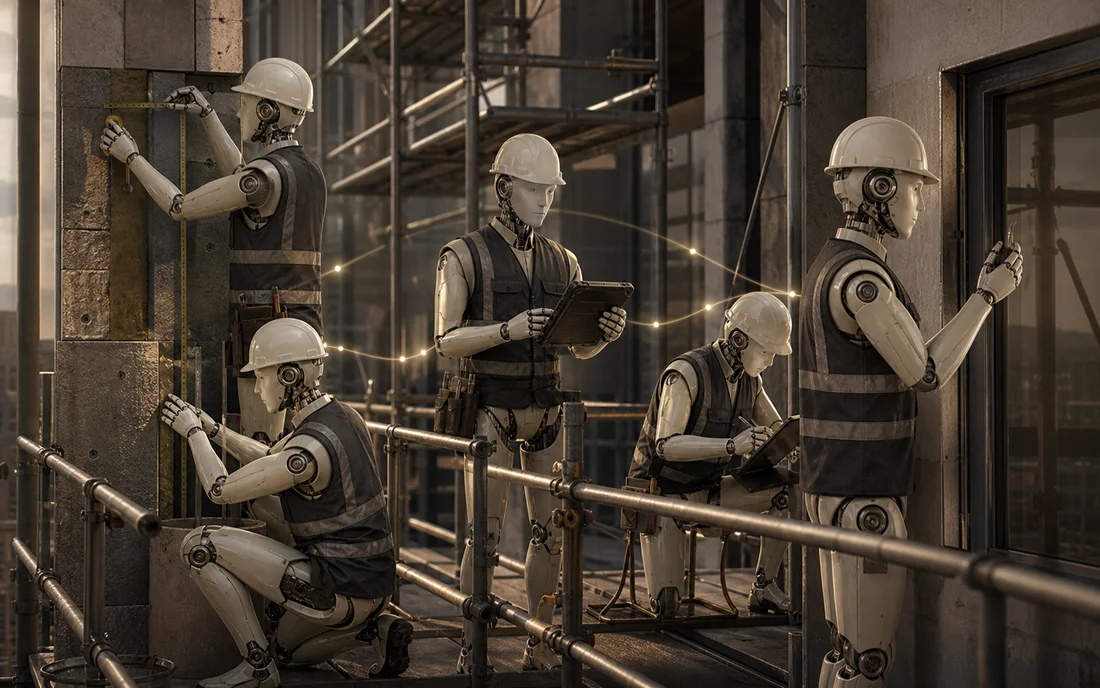 AI agenti v helmách na lešení při kontrole fasády